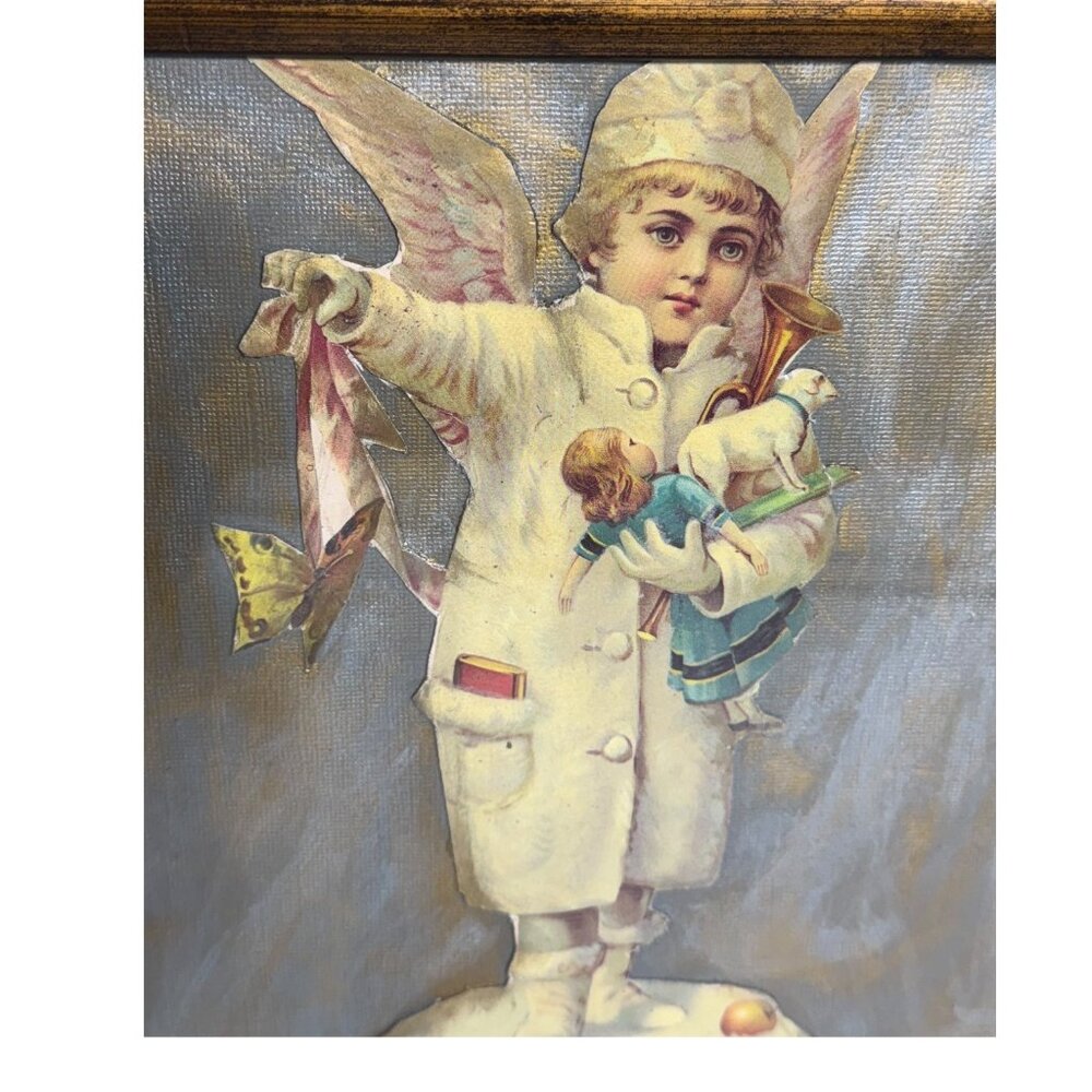Beautiful Old Victorian Vintage Framed Christmas Snow Angel Picture